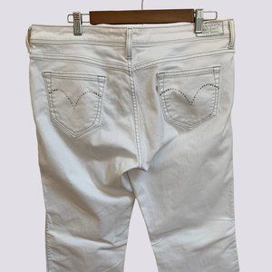 🥳Host Pick 🥳LEVI’S Night Blues White Denim Bling Pockets Mid Rise Flare Sz 14